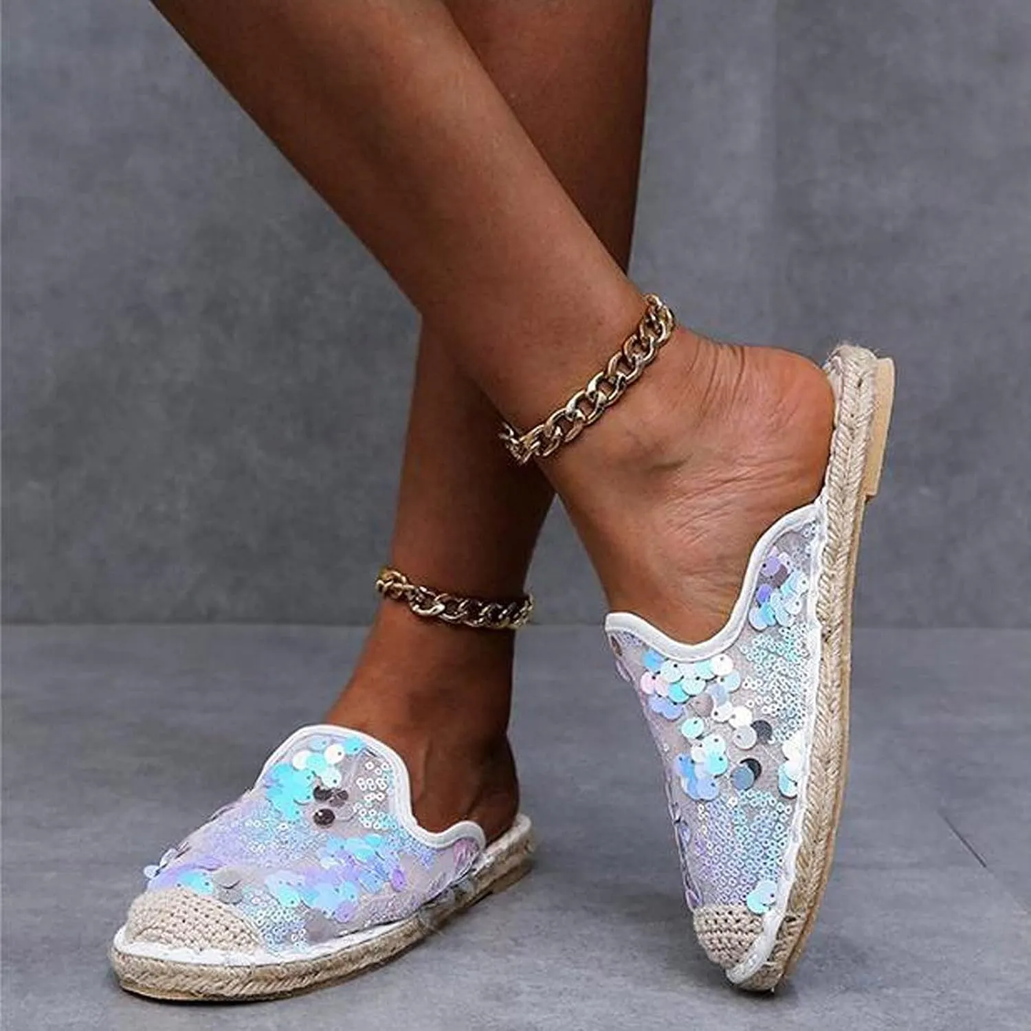 oiangi Sparkly Glitter Sandals for Women Casual Summer Closed Toe Slip-on Espadrille Flat Slipper Elegant Comfortable Home Outdoor Shoes Flip Flops