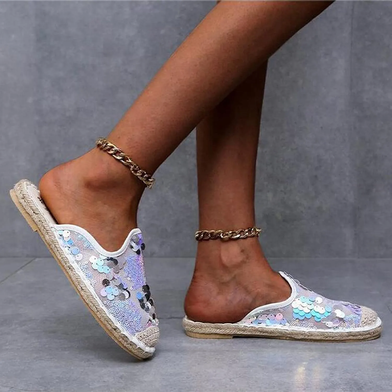 oiangi Sparkly Glitter Sandals for Women Casual Summer Closed Toe Slip-on Espadrille Flat Slipper Elegant Comfortable Home Outdoor Shoes Flip Flops