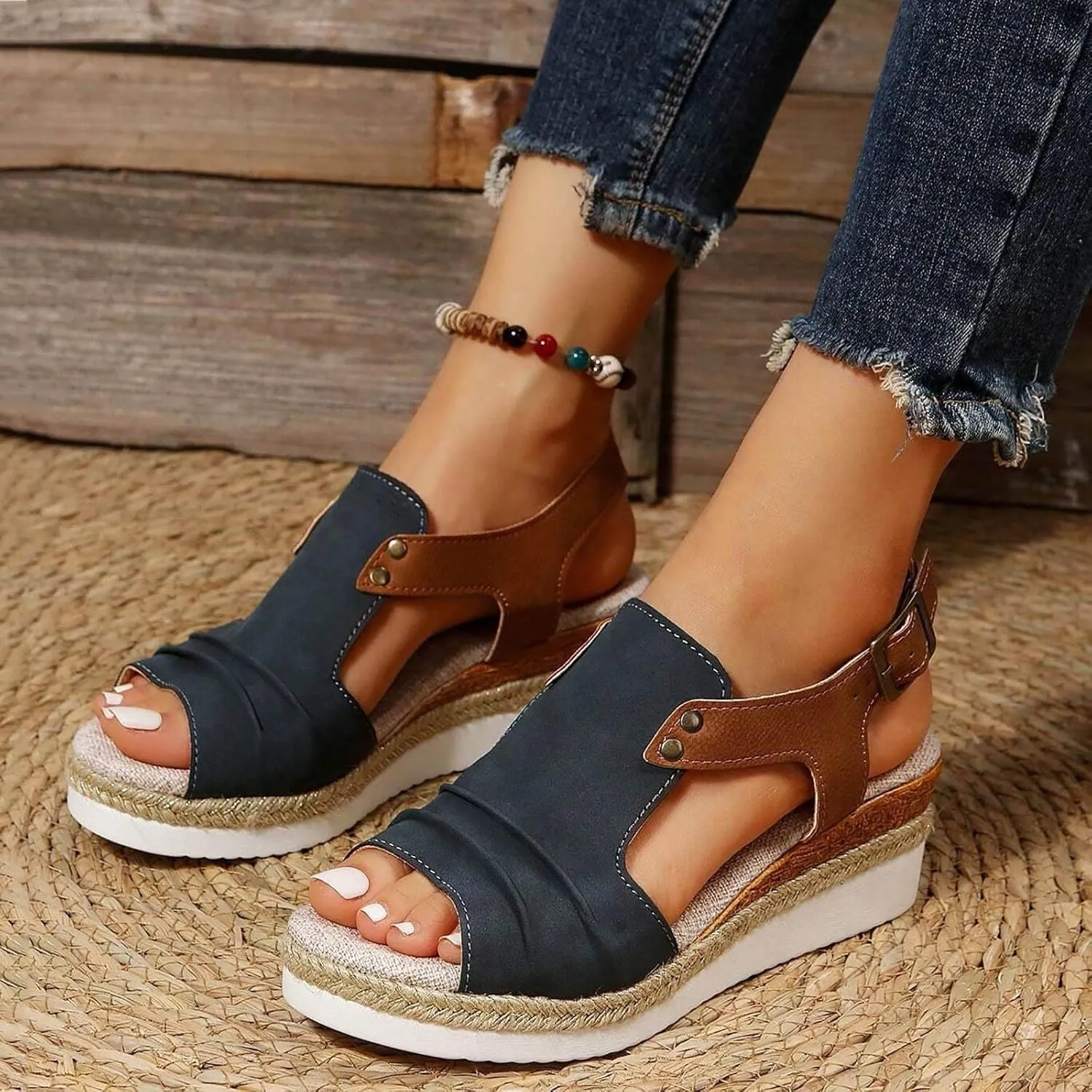 Orthopedic Wedge Sandals for Women Dressy Summer Platform Espadrilles Open Toe Ankle Strap Sandals Womens Casual Strappy Beach Vacation Sandals Comfortable Walking Outdoor Shoes