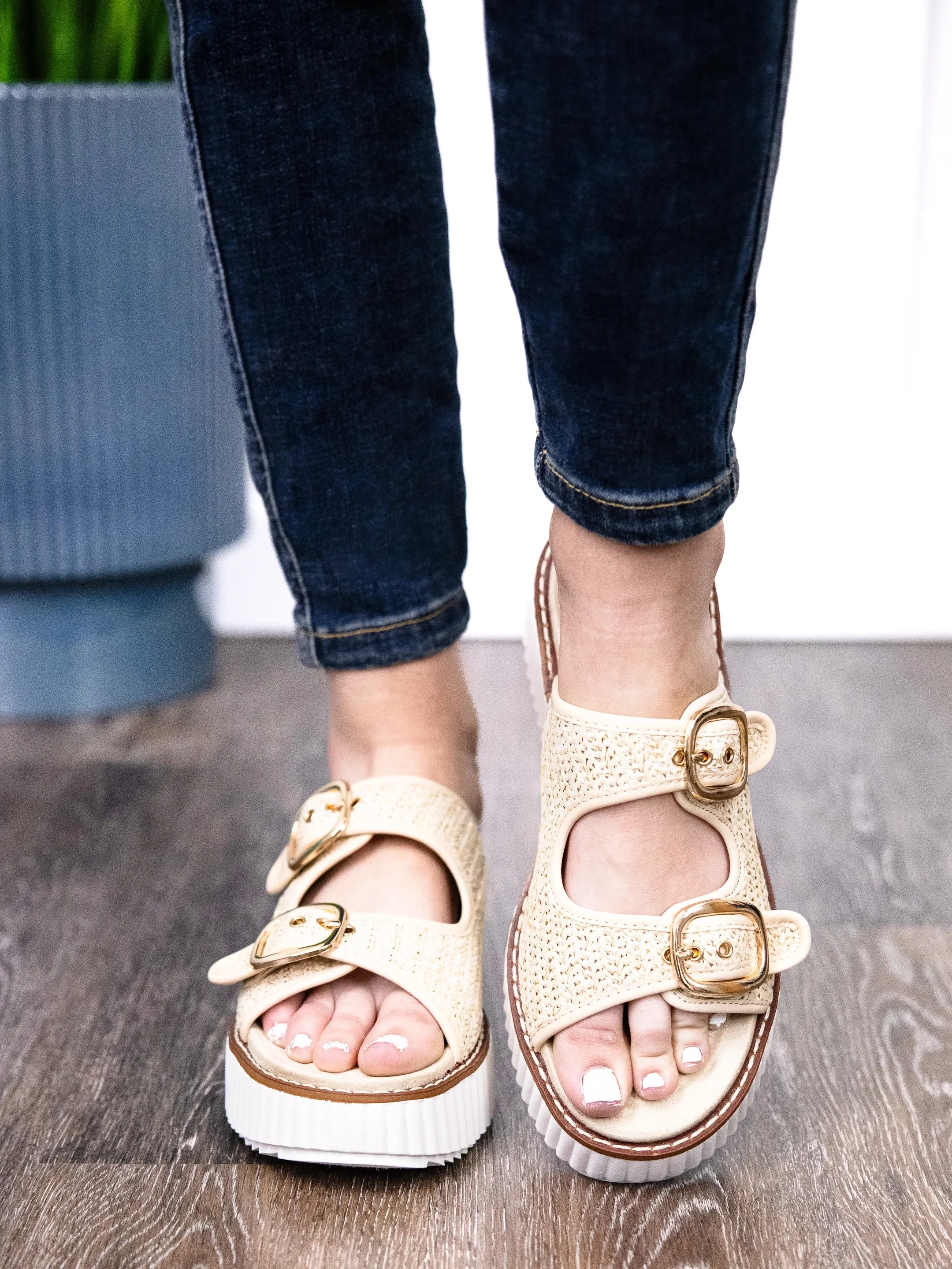 Pierre Dumas Sweet Enough Women's Double Buckle Woven Raffia Sandal