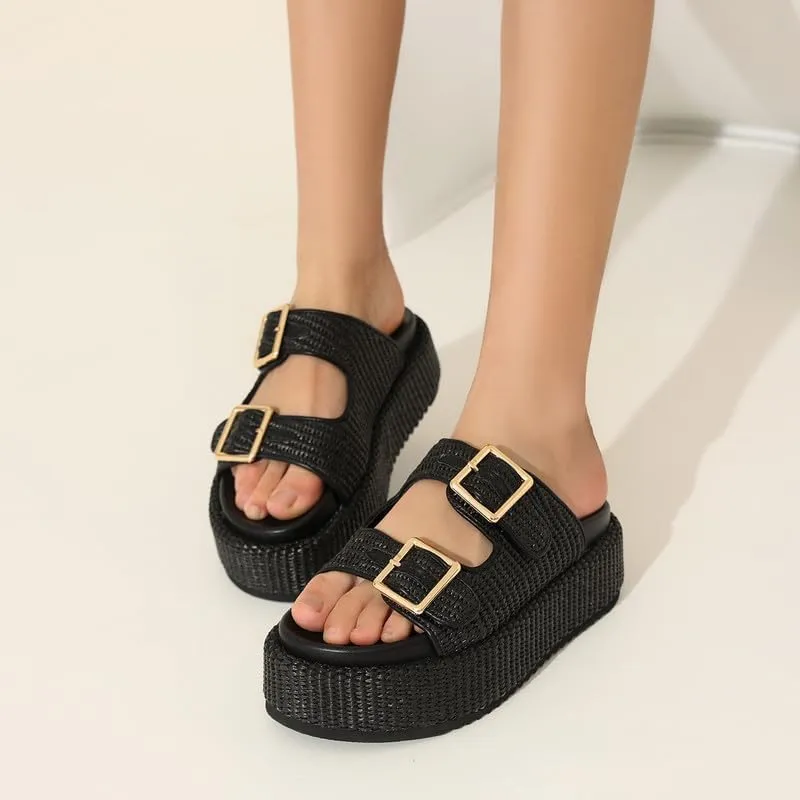 Platform Sandals for Women Espadrille Wedges Summer Beach Comfortable Open Toe Cute Woven Straw Crochet Vacation Slides Mules Casual
