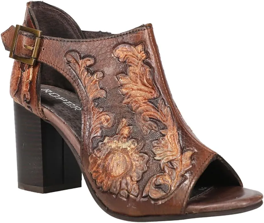 ROPER Womens Mika Floral Embossed Closed Back Block Pumps Dress Casual Casual Mid Heel 2-3" - Brown