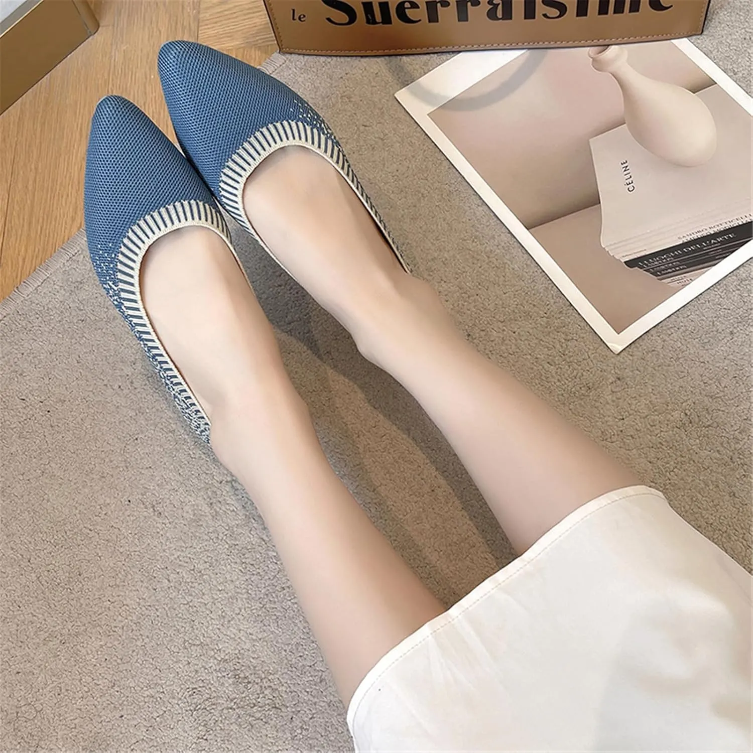RVROVIC Women's Pointed Toe Knit Flats Shoes Slip on Ballet Flats Comfortable Dress Shoes for Women