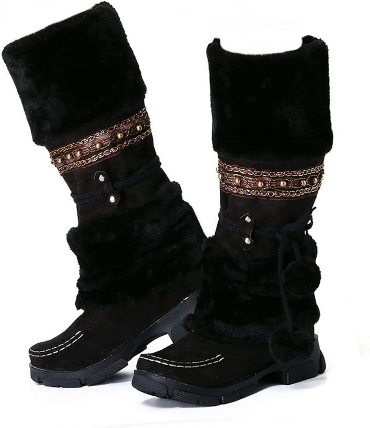 SACFOF Mid Calf Boots for Women,Winter Lace Up Pompoms Platform Anti-Slip Furry Snow Boots Fur Lined Keep Warm Knight Boots