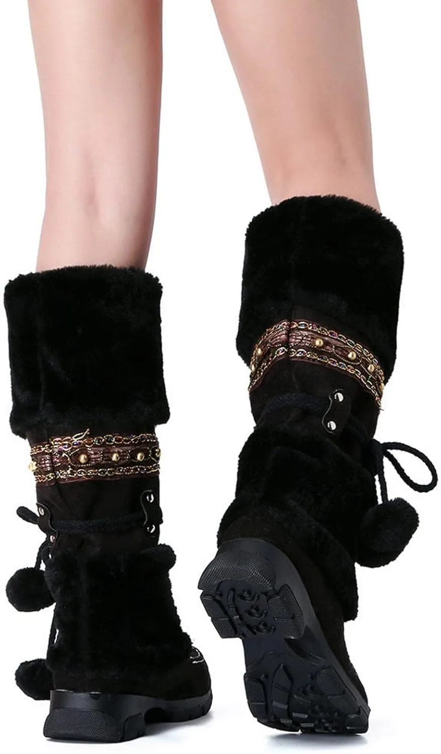 SACFOF Mid Calf Boots for Women,Winter Lace Up Pompoms Platform Anti-Slip Furry Snow Boots Fur Lined Keep Warm Knight Boots