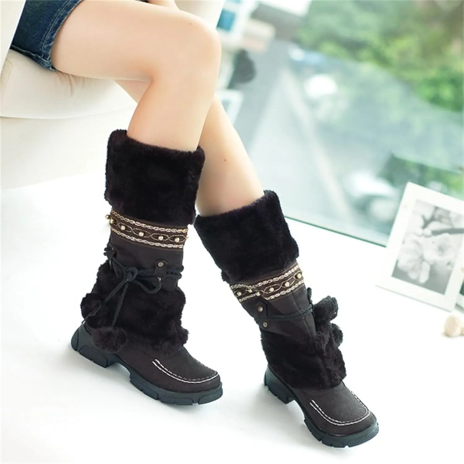 SACFOF Mid Calf Boots for Women,Winter Lace Up Pompoms Platform Anti-Slip Furry Snow Boots Fur Lined Keep Warm Knight Boots