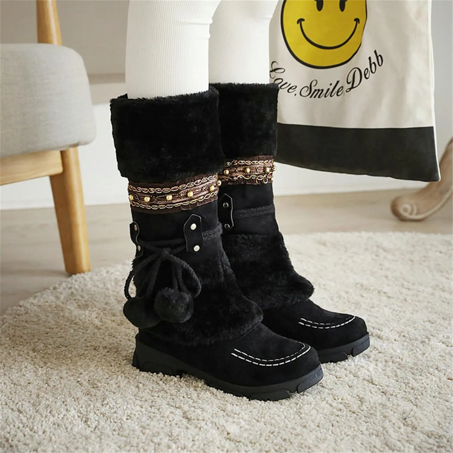 SACFOF Mid Calf Boots for Women,Winter Lace Up Pompoms Platform Anti-Slip Furry Snow Boots Fur Lined Keep Warm Knight Boots