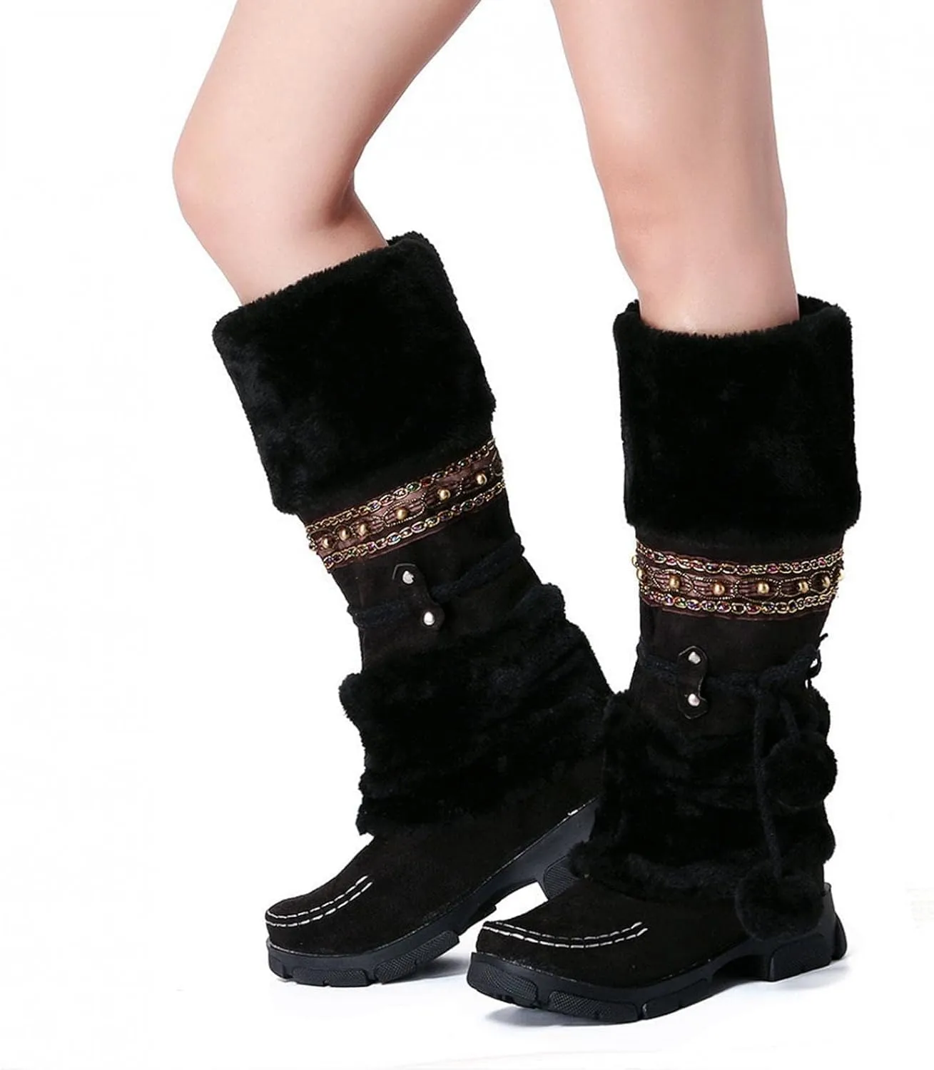 SACFOF Mid Calf Boots for Women,Winter Lace Up Pompoms Platform Anti-Slip Furry Snow Boots Fur Lined Keep Warm Knight Boots