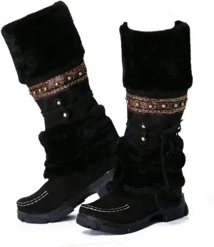 SACFOF Mid Calf Boots for Women,Winter Lace Up Pompoms Platform Anti-Slip Furry Snow Boots Fur Lined Keep Warm Knight Boots