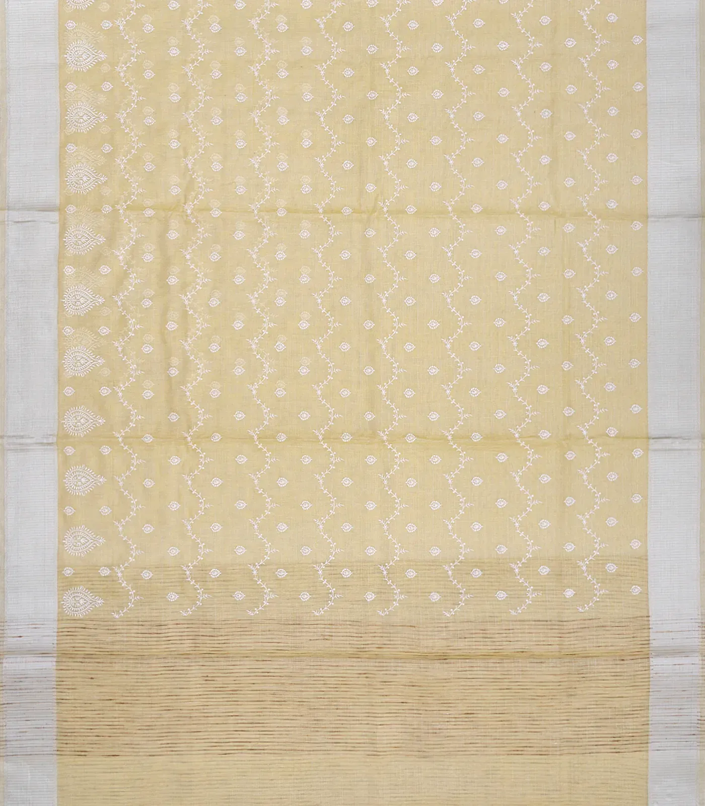 Sandal Blended Linen Saree With Floral Embroidery Motifs-Sandal