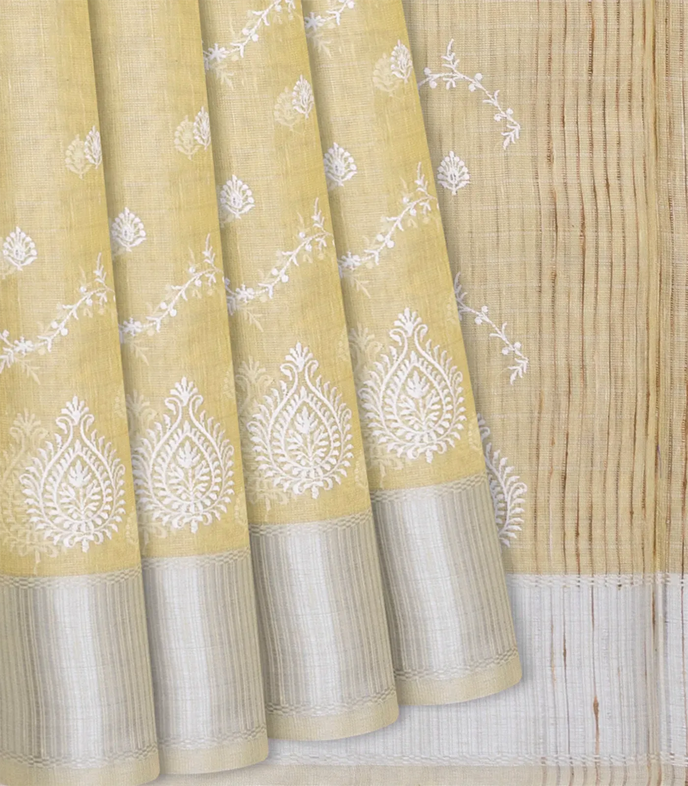 Sandal Blended Linen Saree With Floral Embroidery Motifs-Sandal