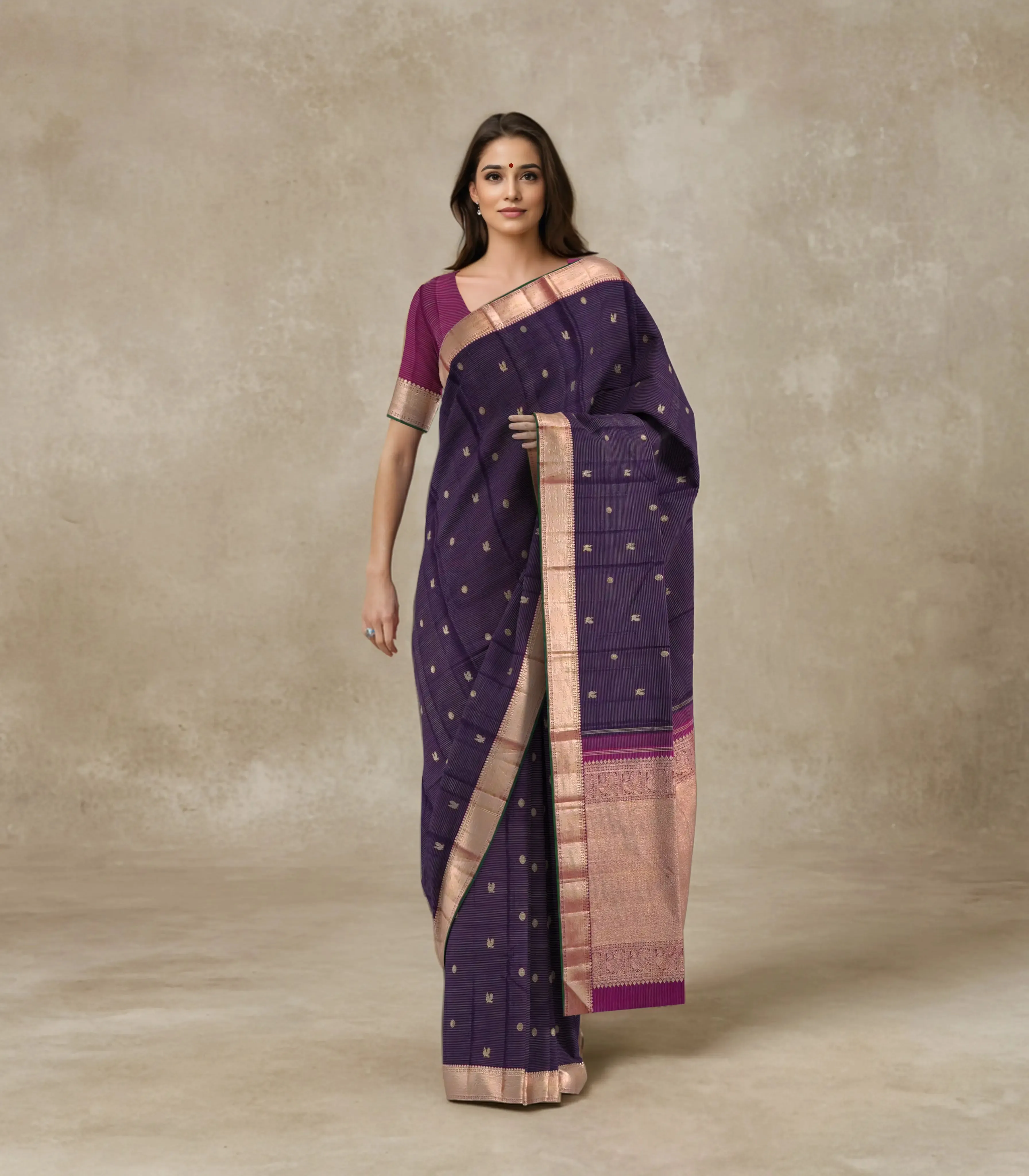 Sandal Blended Linen Saree With Floral Embroidery Motifs-Sandal