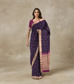 Sandal Blended Linen Saree With Floral Embroidery Motifs-Sandal