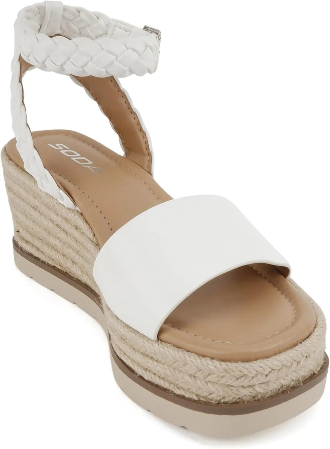 Soda “Emaline” ~ Women Square Toe Single Band Espadrille Wedge Sandal with Braided Ankle Strap