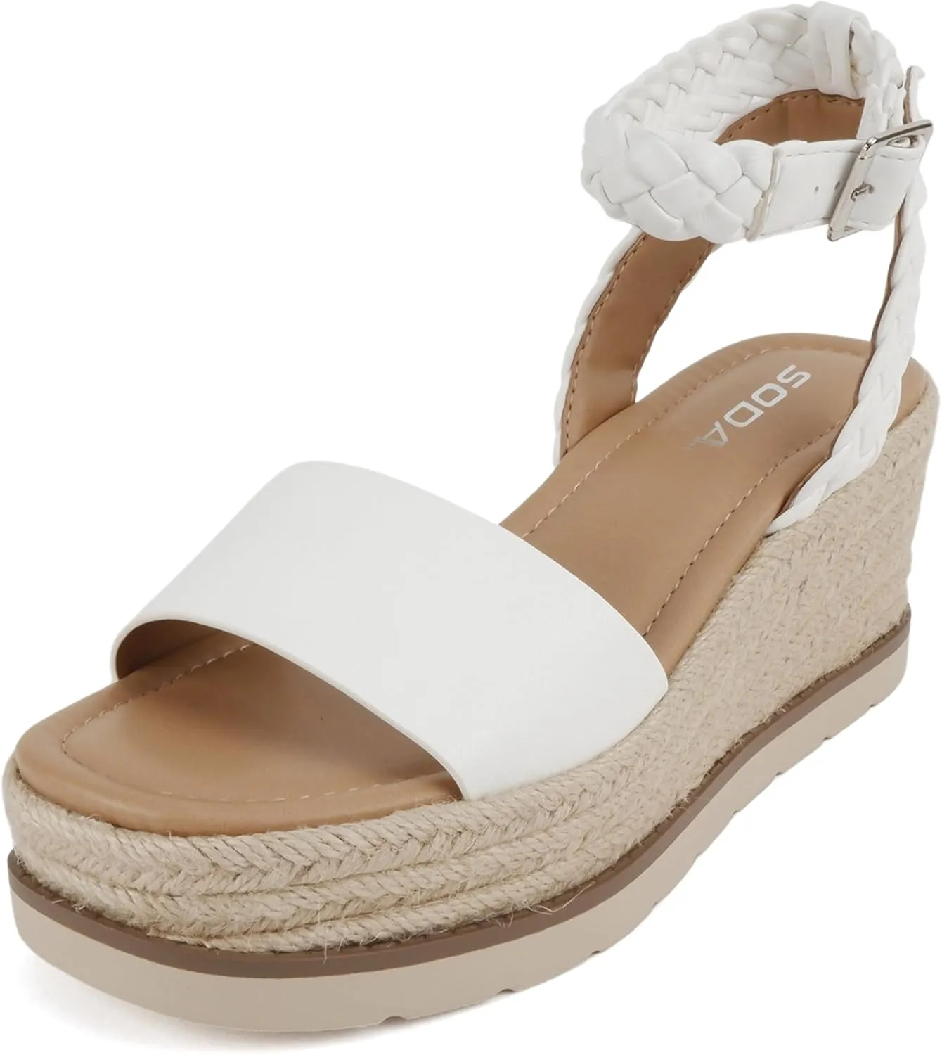 Soda “Emaline” ~ Women Square Toe Single Band Espadrille Wedge Sandal with Braided Ankle Strap