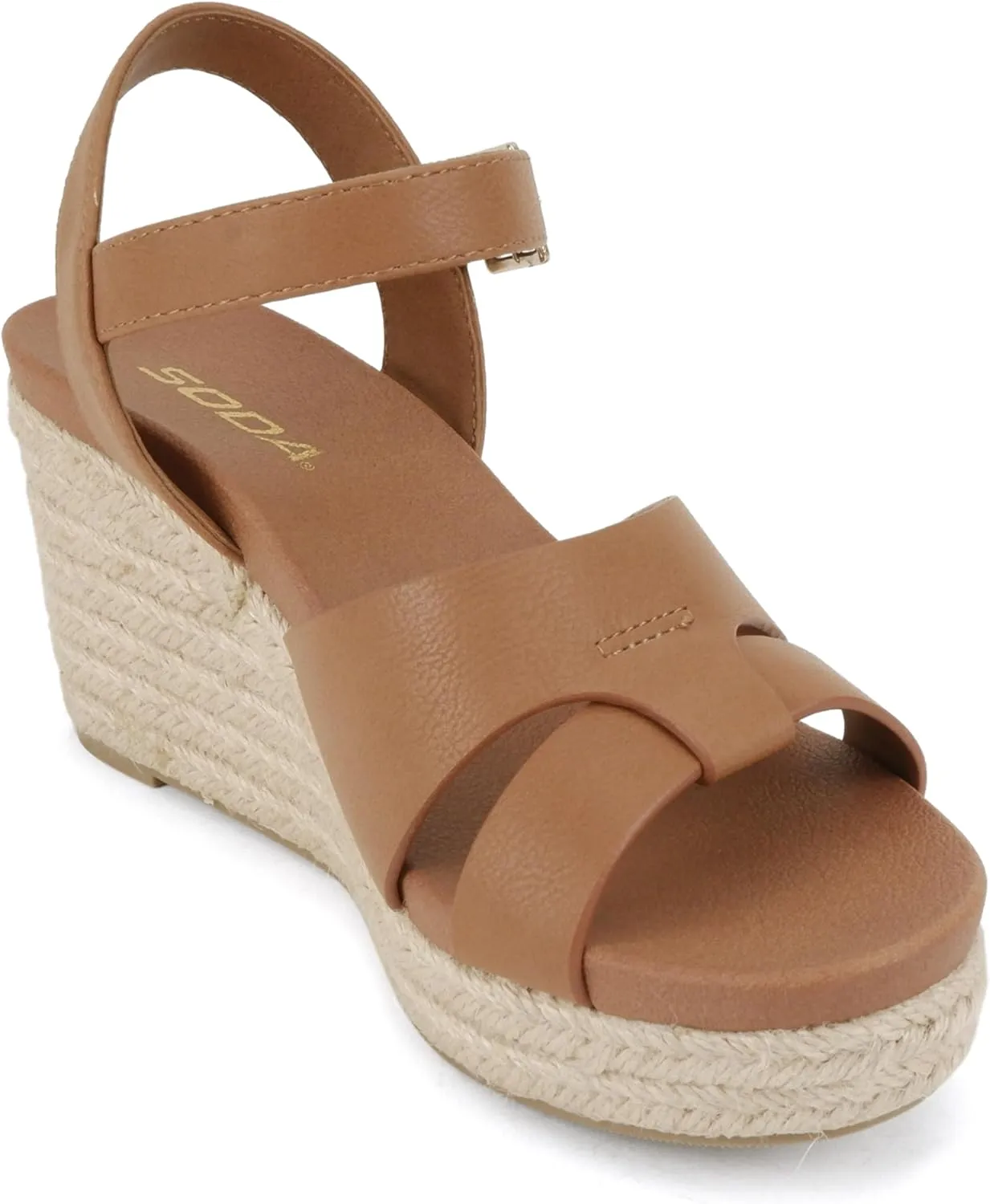Soda “Front” ~ Women Round Toe Cross Band Low Heel Espadrille Wedge Sandal with Adjustable Ankle Strap
