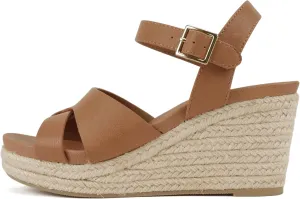 Soda “Front” ~ Women Round Toe Cross Band Low Heel Espadrille Wedge Sandal with Adjustable Ankle Strap