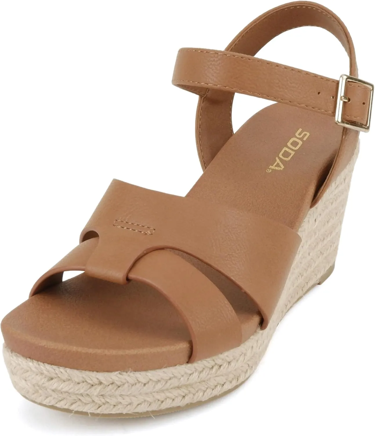 Soda “Front” ~ Women Round Toe Cross Band Low Heel Espadrille Wedge Sandal with Adjustable Ankle Strap