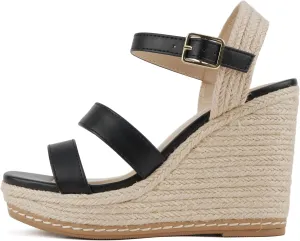Soda “Lavina” ~ Women Open Square Toe Multi Band High Heel Espadrille Wedge Sandal with Adjustable Ankle Strap