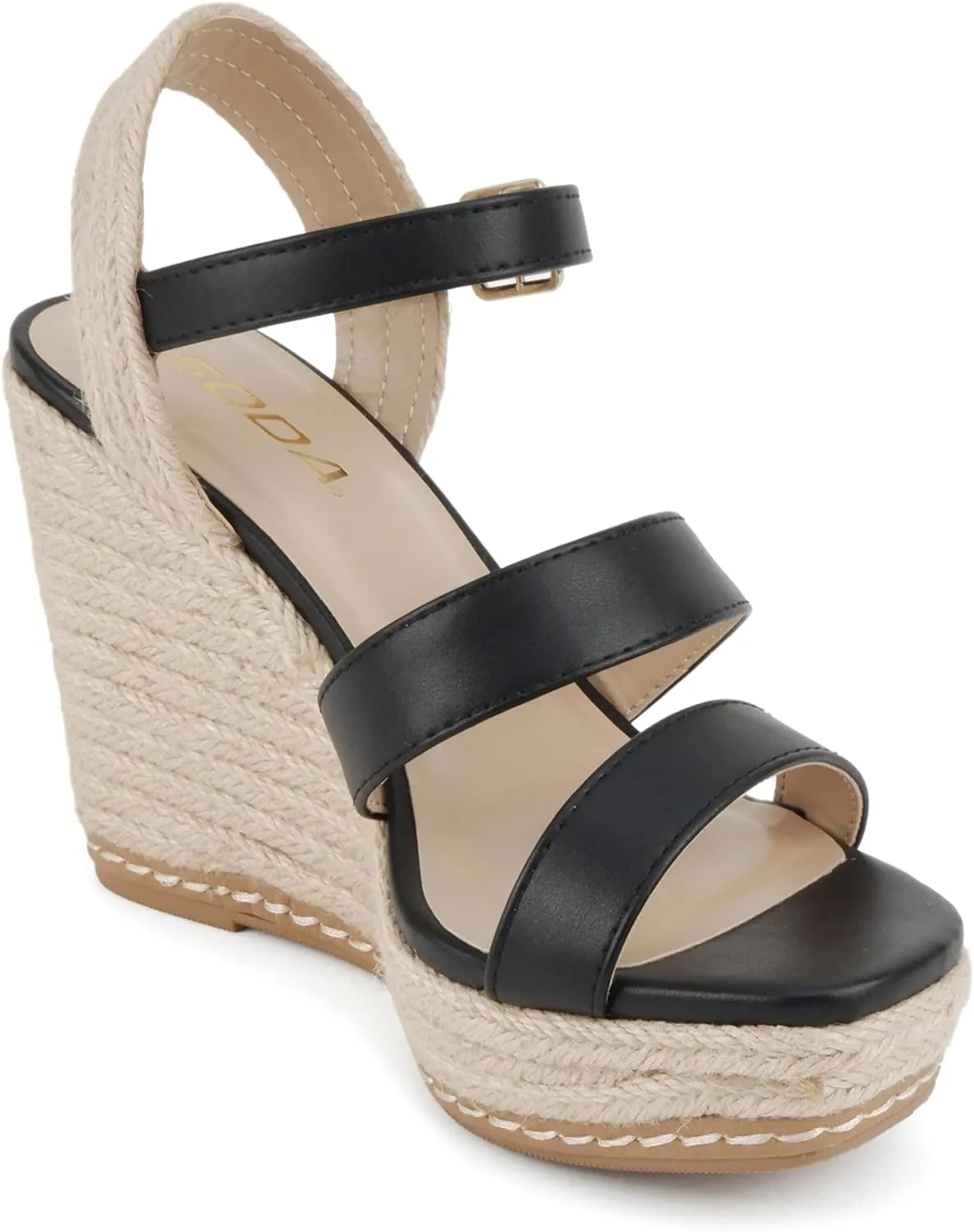 Soda “Lavina” ~ Women Open Square Toe Multi Band High Heel Espadrille Wedge Sandal with Adjustable Ankle Strap