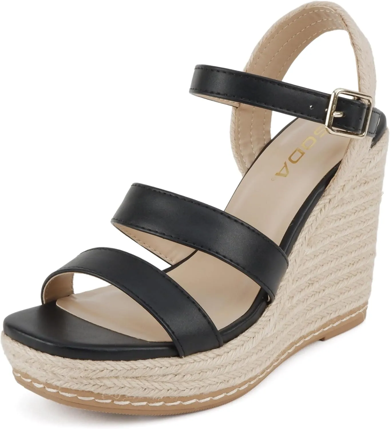 Soda “Lavina” ~ Women Open Square Toe Multi Band High Heel Espadrille Wedge Sandal with Adjustable Ankle Strap