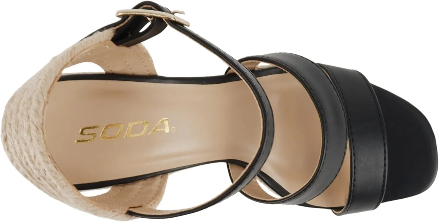 Soda “Lavina” ~ Women Open Square Toe Multi Band High Heel Espadrille Wedge Sandal with Adjustable Ankle Strap