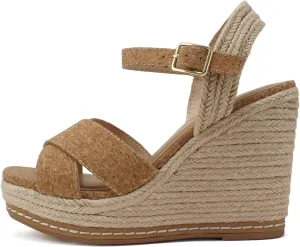 Soda MELANY ~ Women Open Toe Crisscross Two Bands Upper Ankle Strap High Heel Espadrille Wedge Sandal