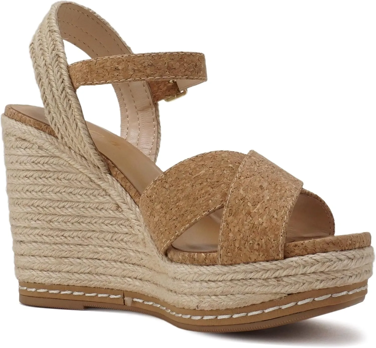 Soda MELANY ~ Women Open Toe Crisscross Two Bands Upper Ankle Strap High Heel Espadrille Wedge Sandal