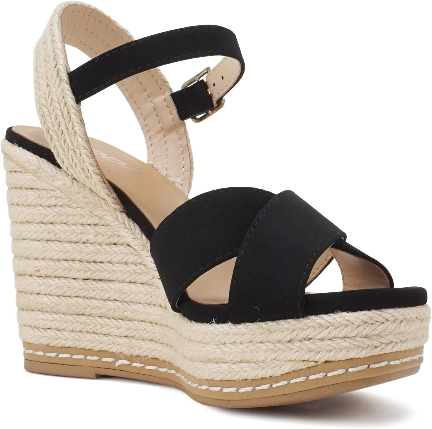 Soda MELANY ~ Women Open Toe Crisscross Two Bands Upper Ankle Strap High Heel Espadrille Wedge Sandal