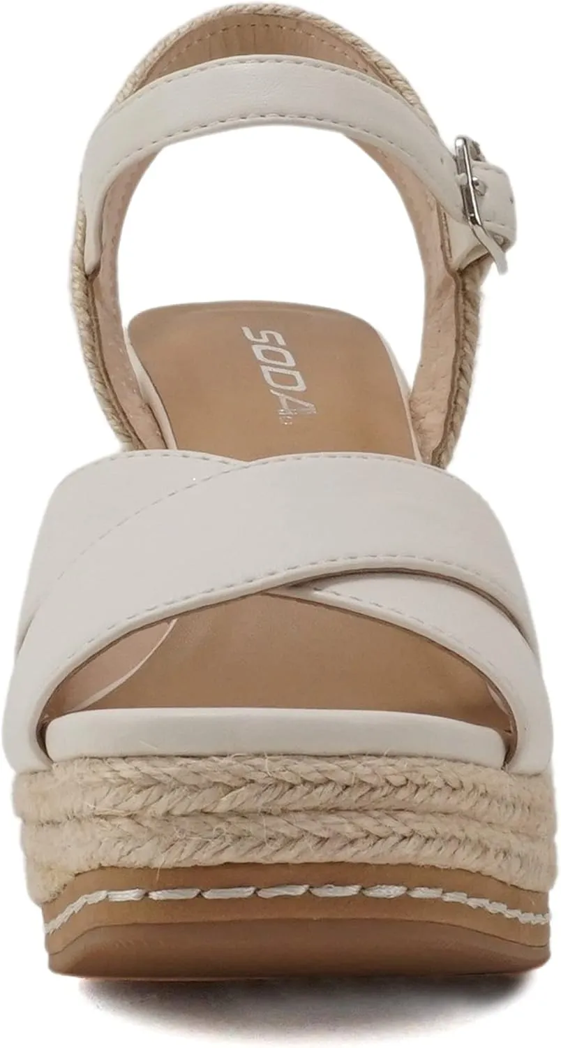 Soda MELANY ~ Women Open Toe Crisscross Two Bands Upper Ankle Strap High Heel Espadrille Wedge Sandal