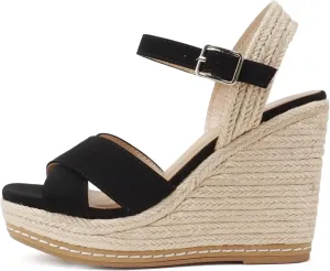 Soda MELANY ~ Women Open Toe Crisscross Two Bands Upper Ankle Strap High Heel Espadrille Wedge Sandal