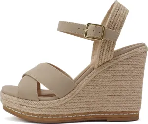 Soda MELANY ~ Women Open Toe Crisscross Two Bands Upper Ankle Strap High Heel Espadrille Wedge Sandal