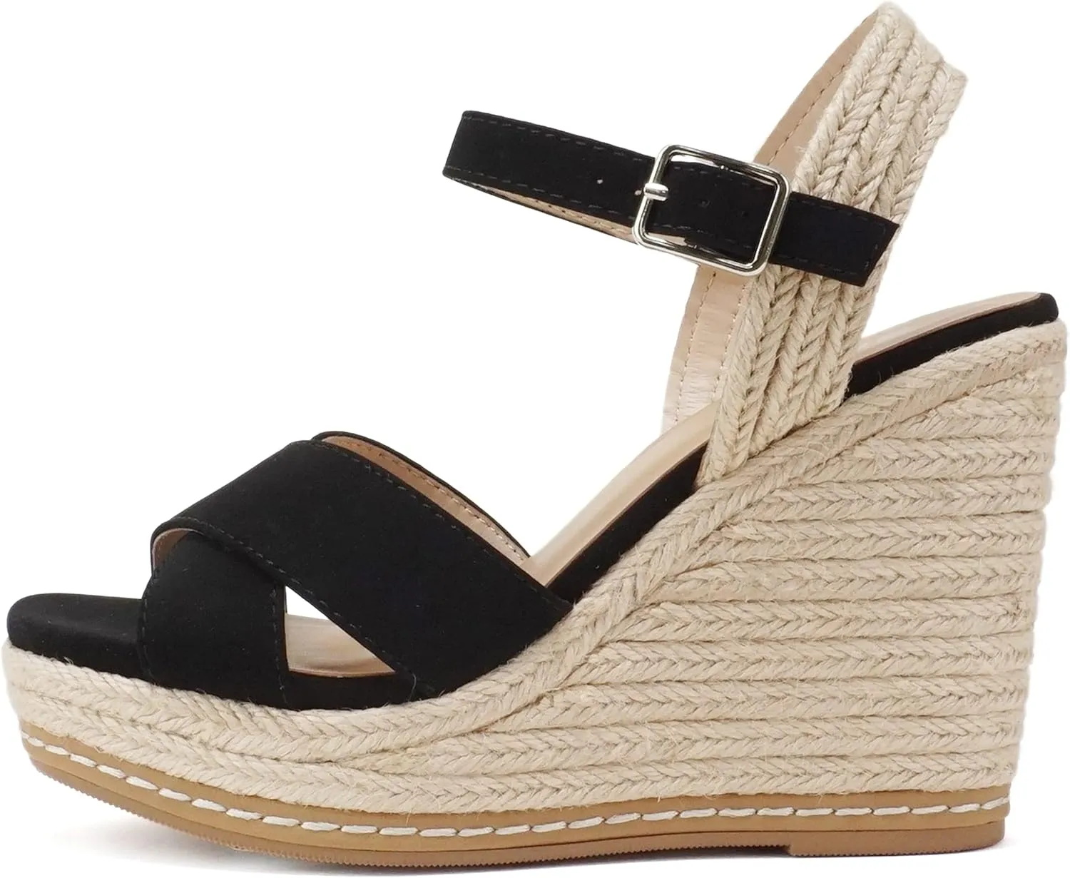 Soda MELANY ~ Women Open Toe Crisscross Two Bands Upper Ankle Strap High Heel Espadrille Wedge Sandal