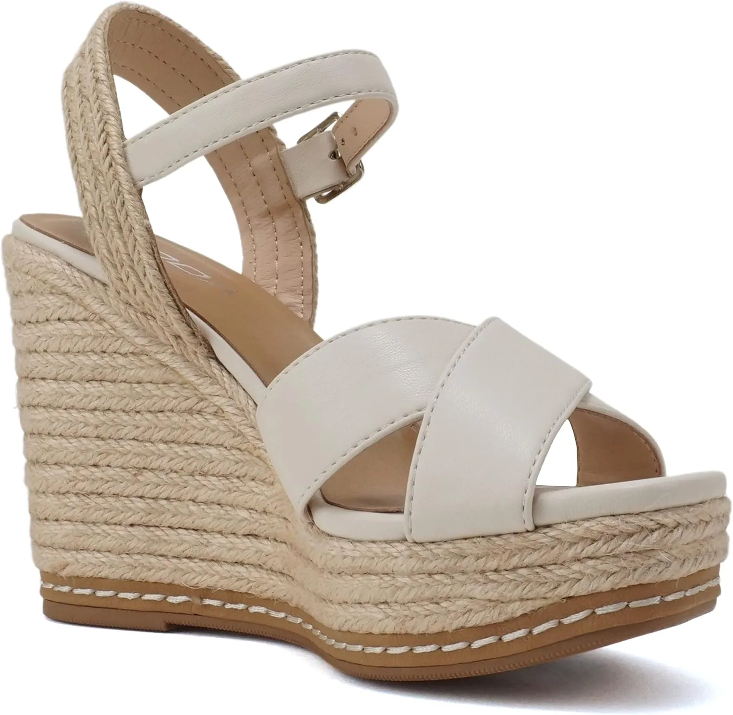 Soda MELANY ~ Women Open Toe Crisscross Two Bands Upper Ankle Strap High Heel Espadrille Wedge Sandal