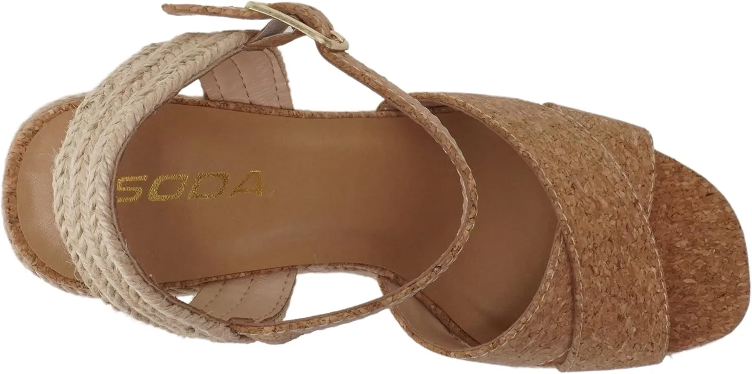 Soda MELANY ~ Women Open Toe Crisscross Two Bands Upper Ankle Strap High Heel Espadrille Wedge Sandal