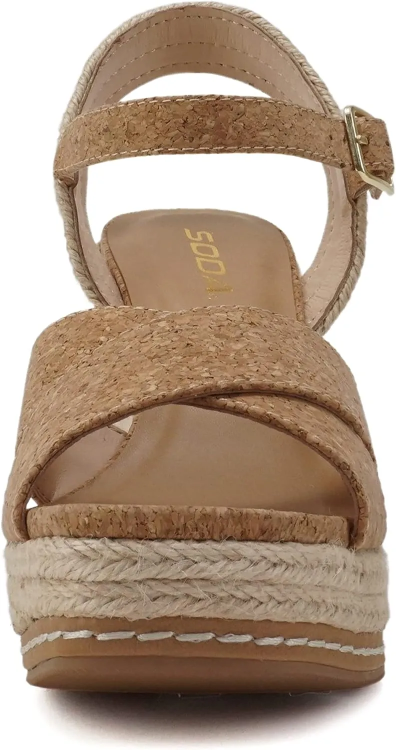 Soda MELANY ~ Women Open Toe Crisscross Two Bands Upper Ankle Strap High Heel Espadrille Wedge Sandal