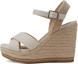 Soda MELANY ~ Women Open Toe Crisscross Two Bands Upper Ankle Strap High Heel Espadrille Wedge Sandal
