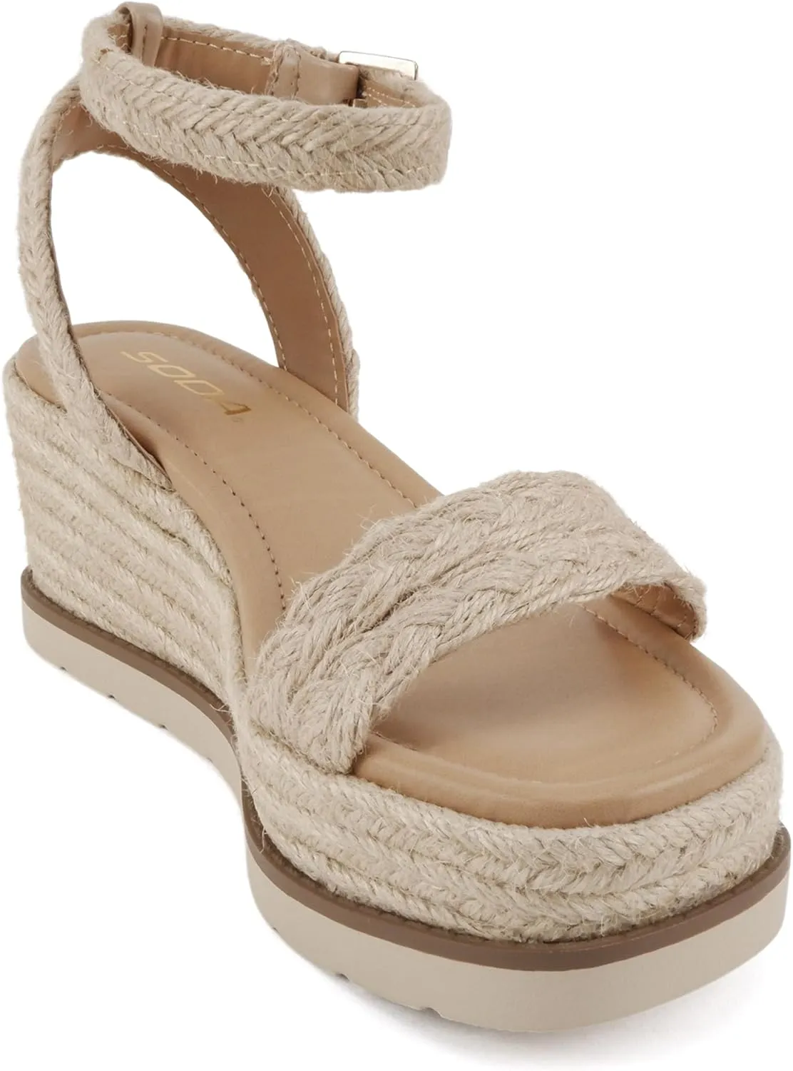 Soda “Swing” ~ Women Square Toe Single Band Low Heel Espadrille Wedge Sandal with Adjustable Ankle Strap