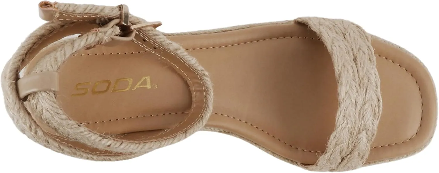 Soda “Swing” ~ Women Square Toe Single Band Low Heel Espadrille Wedge Sandal with Adjustable Ankle Strap