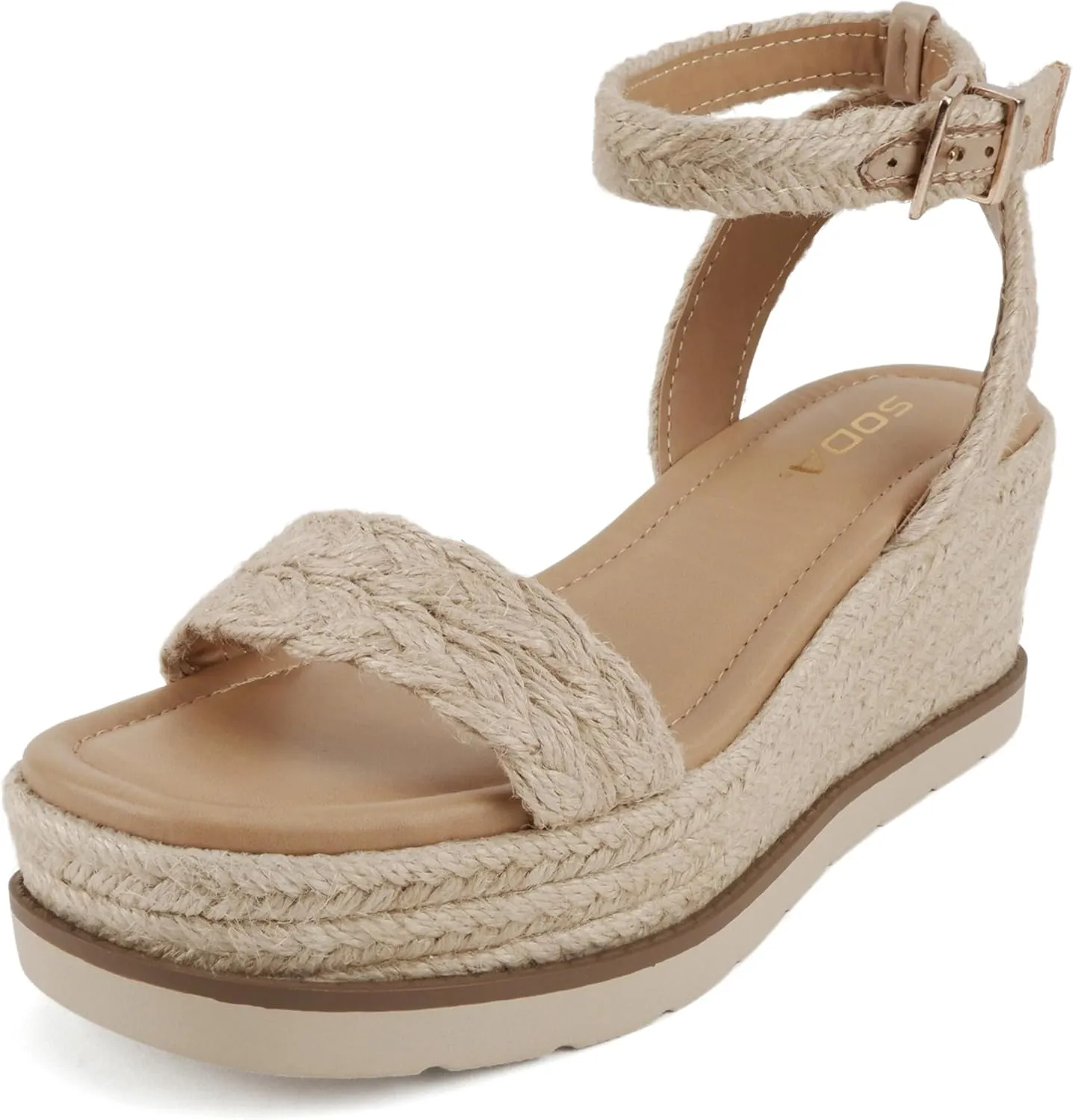 Soda “Swing” ~ Women Square Toe Single Band Low Heel Espadrille Wedge Sandal with Adjustable Ankle Strap