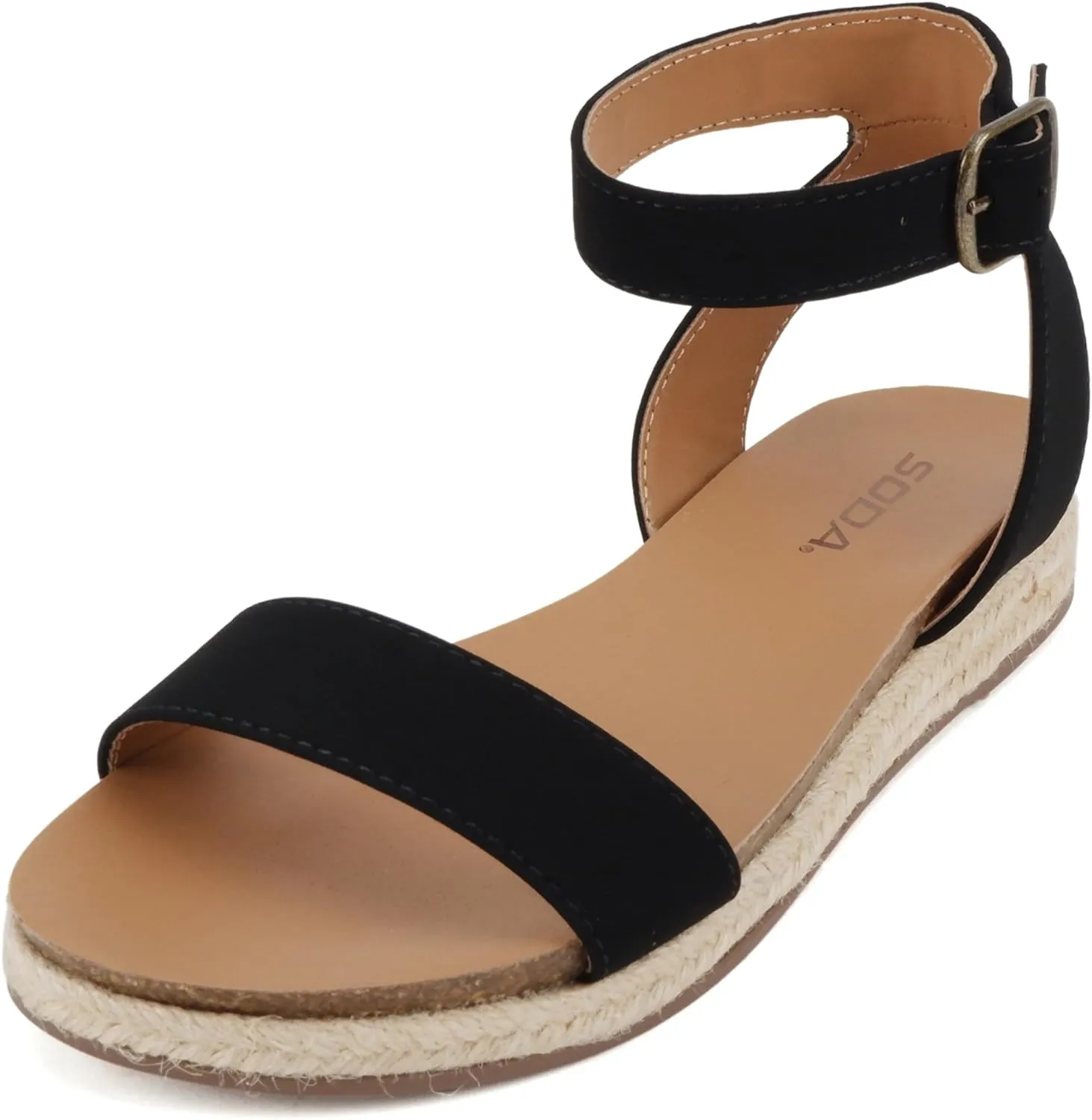 Soda Tacoma ~ Open Toe Single Bands Espadrille Jute Flat Casual Fashion Sandals with Buckle Ankle Strap