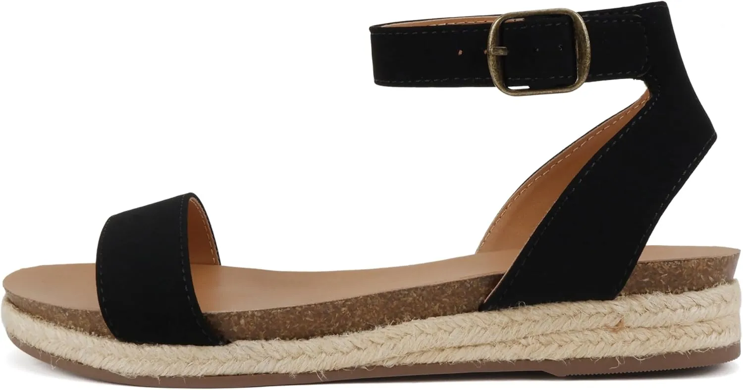 Soda Tacoma ~ Open Toe Single Bands Espadrille Jute Flat Casual Fashion Sandals with Buckle Ankle Strap
