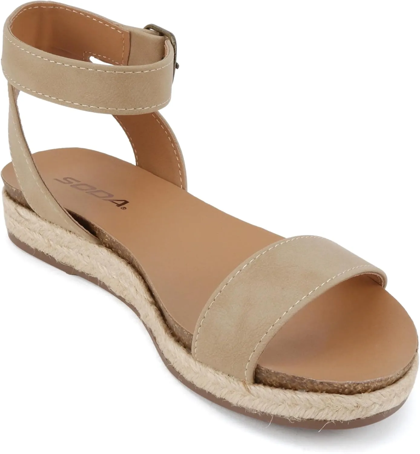 Soda Tacoma ~ Open Toe Single Bands Espadrille Jute Flat Casual Fashion Sandals with Buckle Ankle Strap