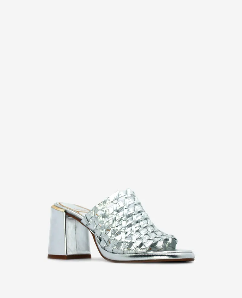 Solara Metallic Leather Woven Heel Sandal