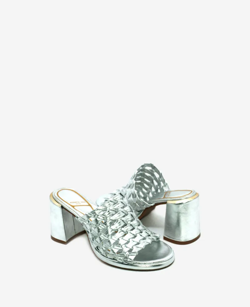 Solara Metallic Leather Woven Heel Sandal