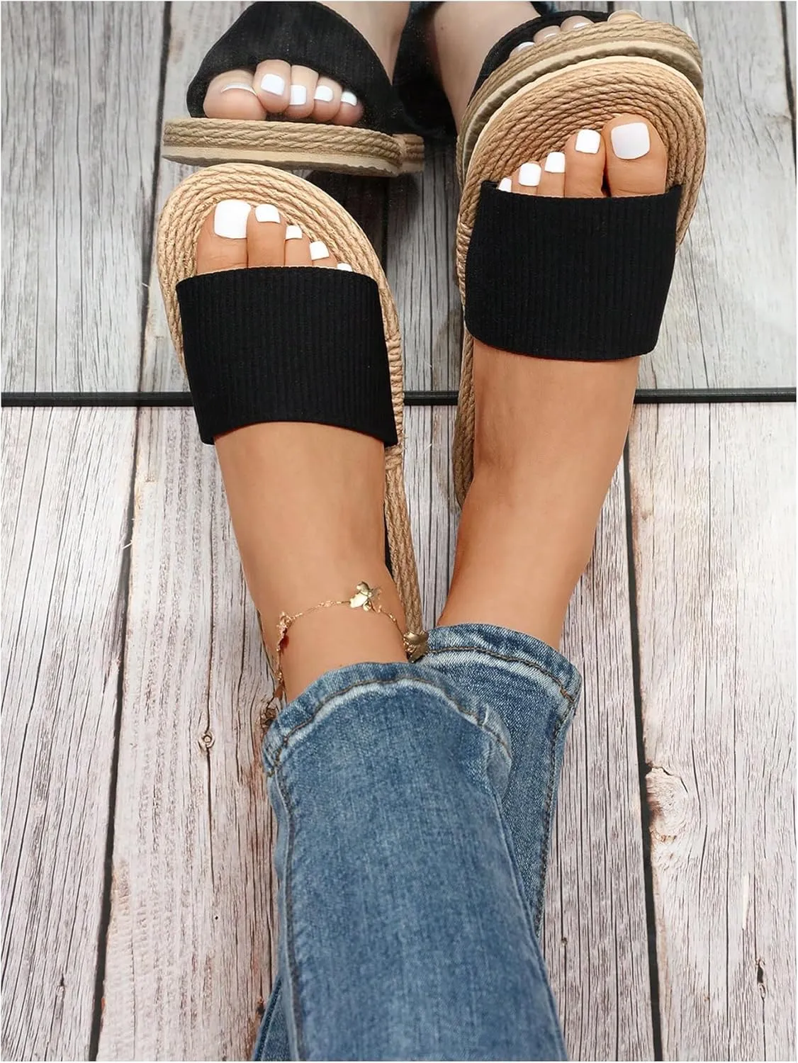 SweatyRocks Women's Open Toe Woven Flat Sandals Single Band Boho Beach Sandals Outdoor Shoes