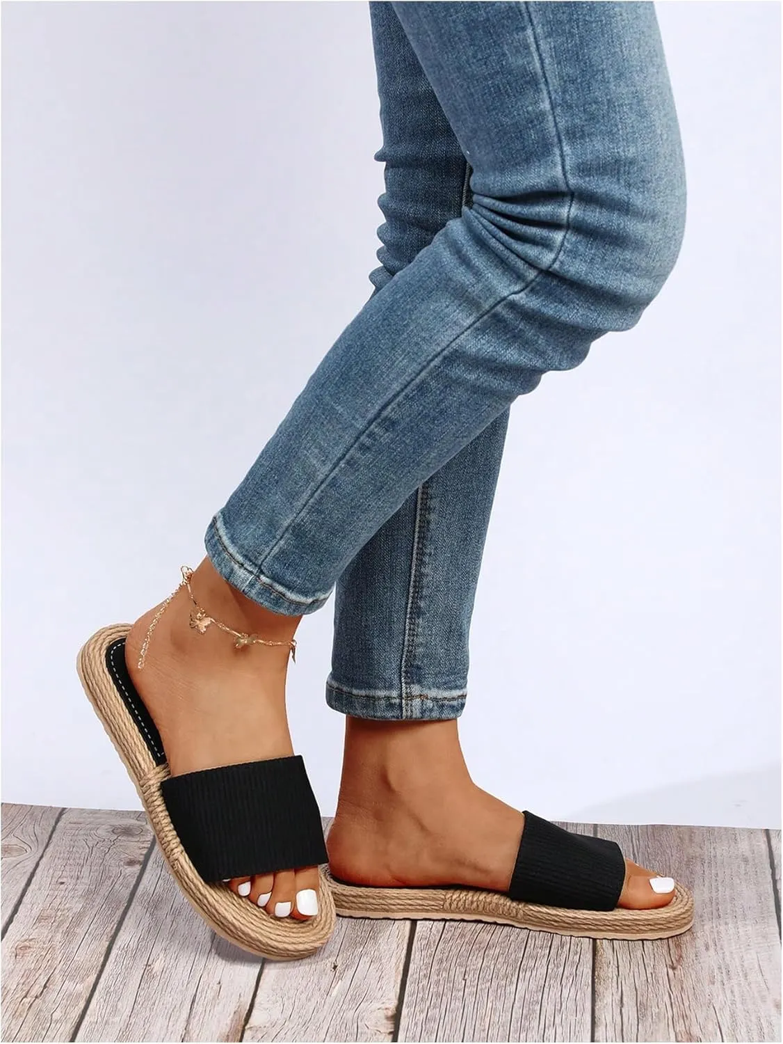SweatyRocks Women's Open Toe Woven Flat Sandals Single Band Boho Beach Sandals Outdoor Shoes