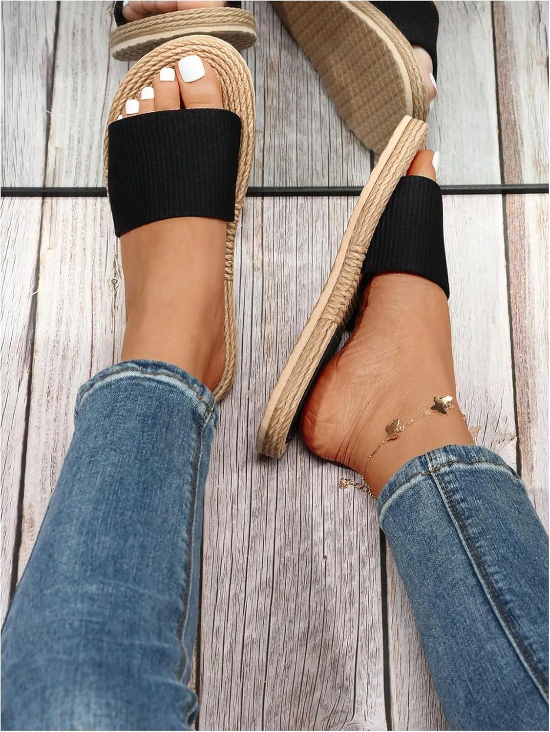 SweatyRocks Women's Open Toe Woven Flat Sandals Single Band Boho Beach Sandals Outdoor Shoes