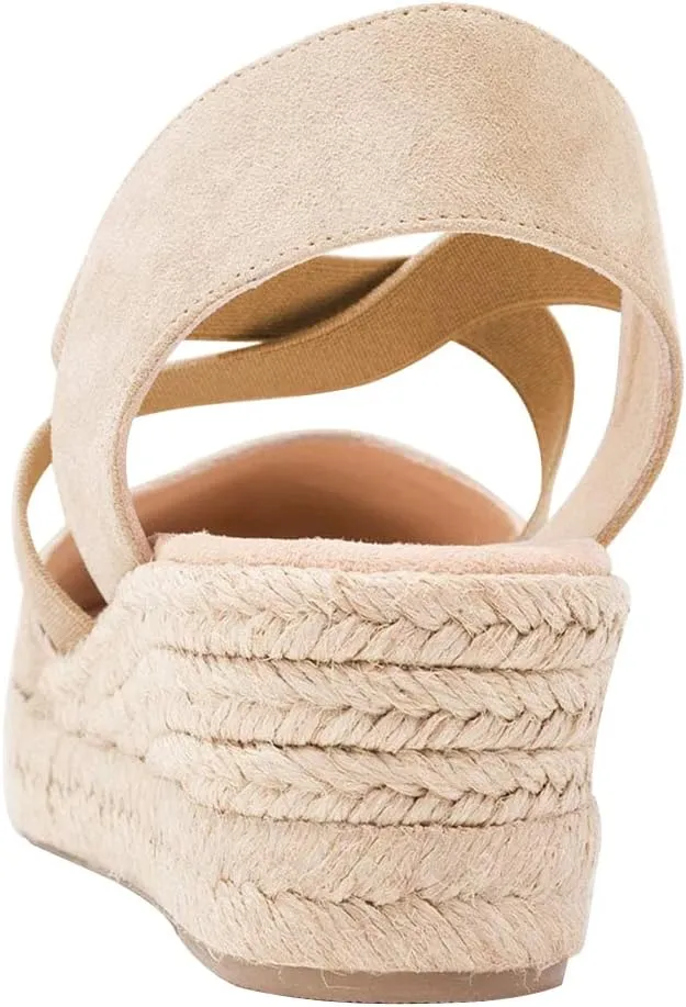 Syktkmx Womens Espadrille Platform Elastic Strappy Closed Toe Wedge Criss Cross Mid Heel Sandals