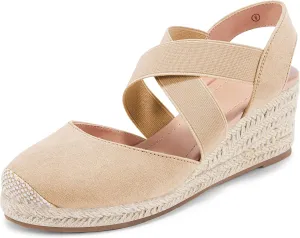 Syktkmx Womens Espadrille Platform Elastic Strappy Closed Toe Wedge Criss Cross Mid Heel Sandals